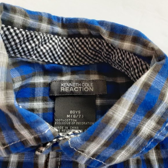 Kenneth Cole Reaction Boys Shirt Button Down Blue Black Plaid Long Sleeve 6-7 - Picture 7 of 12